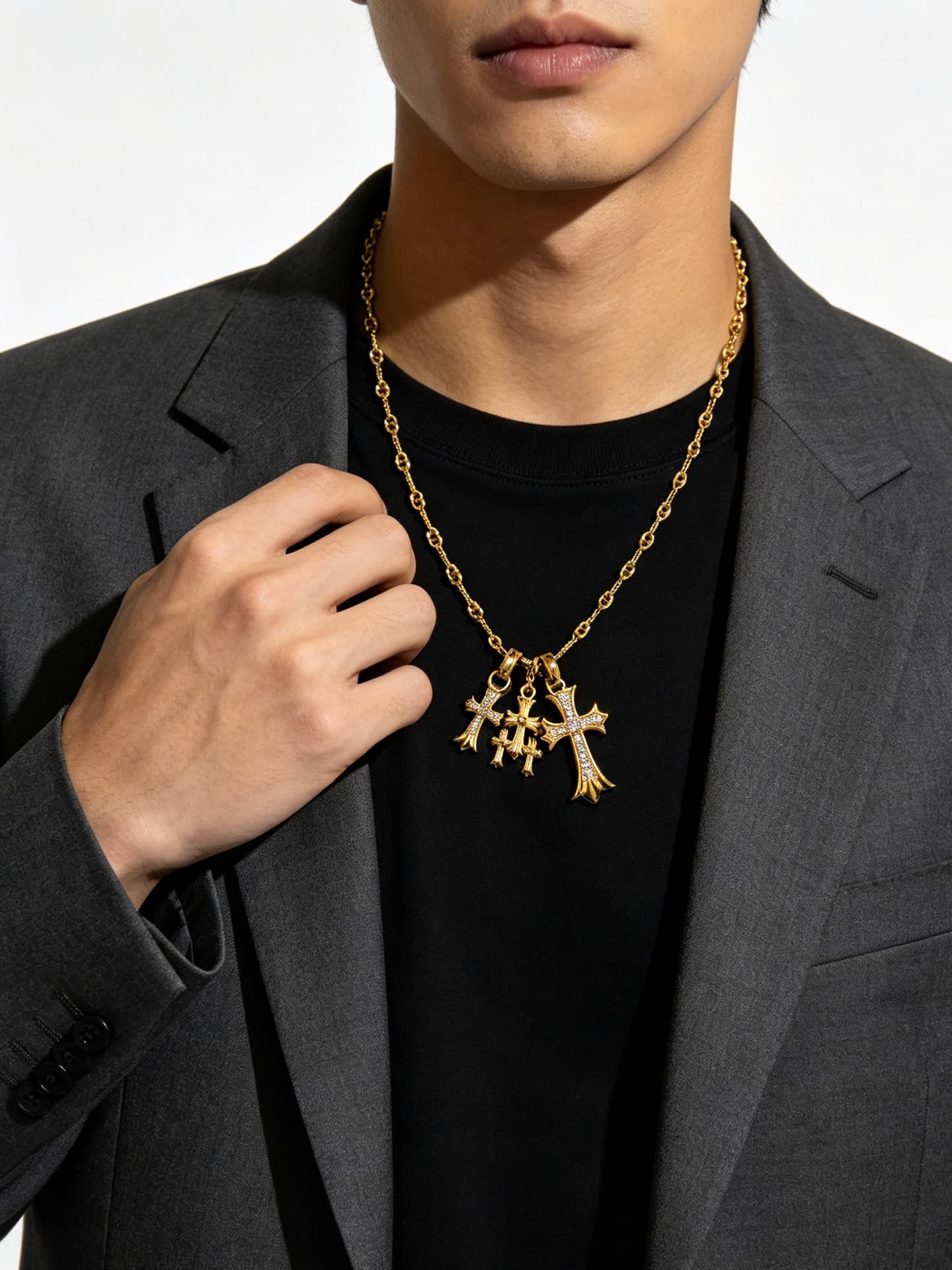 Chrome Hearts Gold Cross Pendant Necklace with Pink Stones
